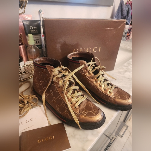 Gucci Gold High-Top Sneakers - Picture 1 of 10